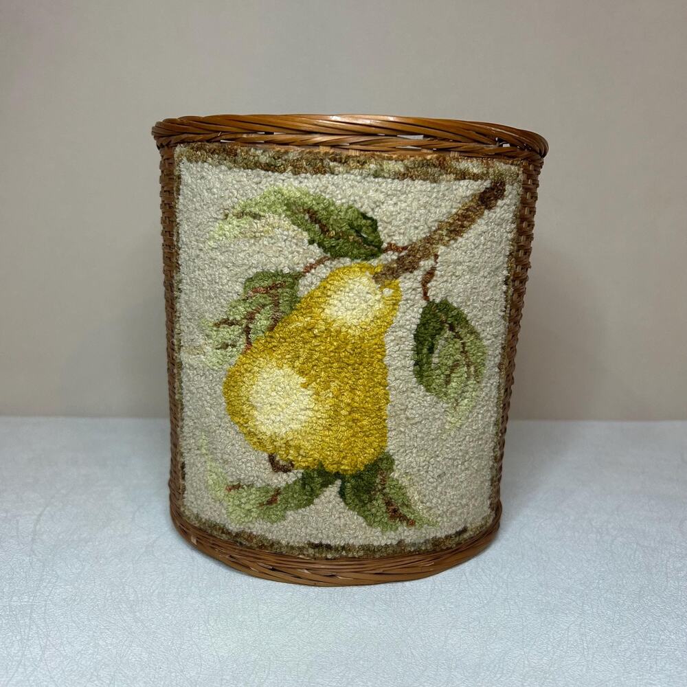 Vintage Boho Woven Rattan Wastebasket Needlepoint Pear Basket